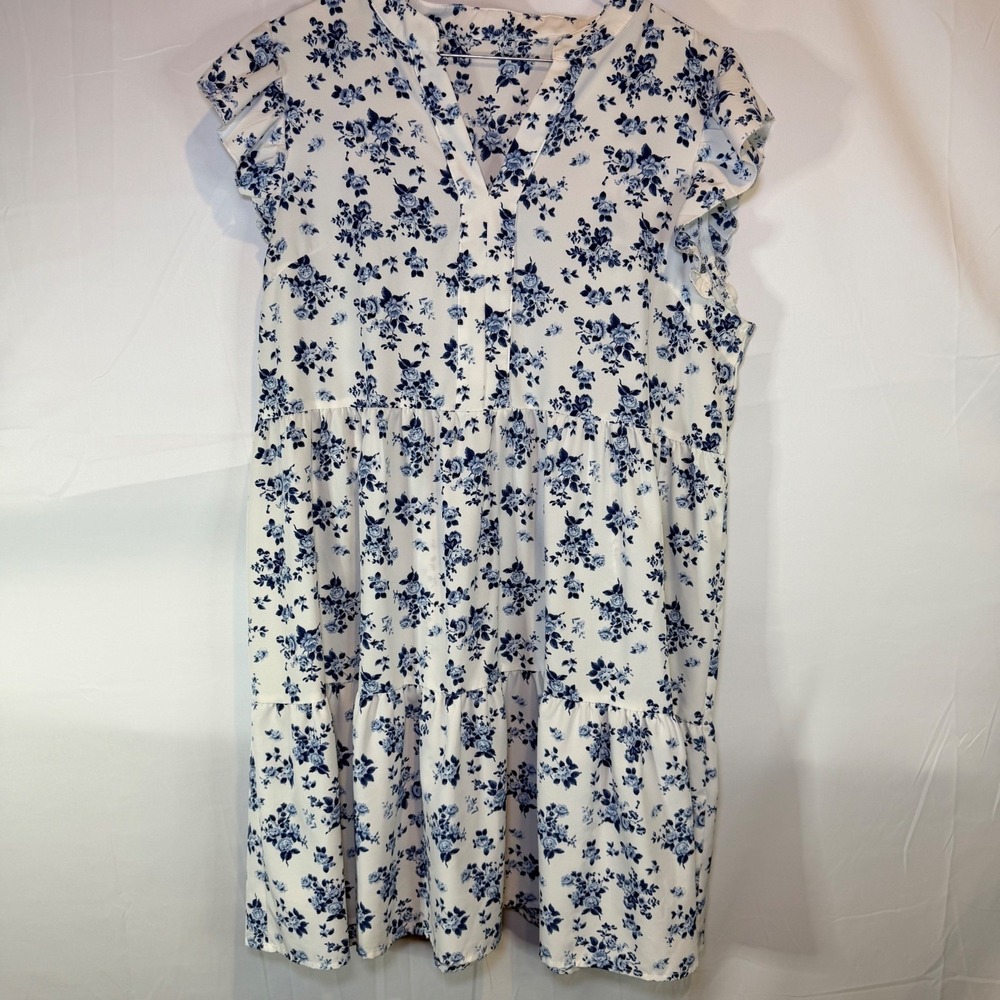 SHEIN Women's Blue White Floral Tiered Dress XL US 12 Short Sleeve‎